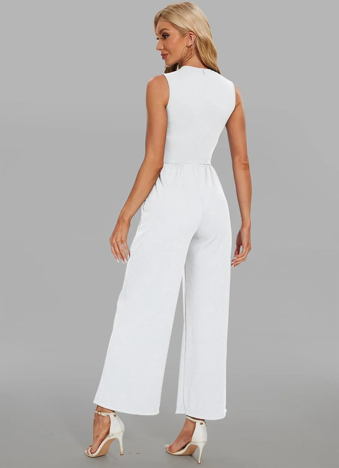 Women's Summer Jumpsuits Dressy Crewneck Wide Leg Stretchy Dressy Romper with Pockets