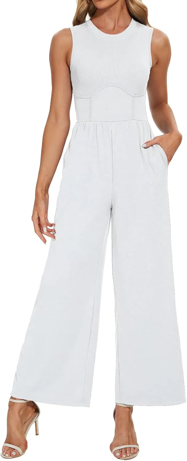Women's Summer Jumpsuits Dressy Crewneck Wide Leg Stretchy Dressy Romper with Pockets