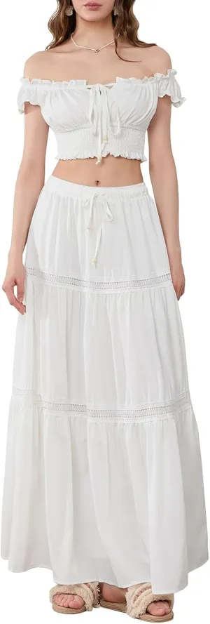Womens Two Piece Skirt Sets Summer Off Shoulder Frill Trim Beach Crop Tops and Long Skirt Going Out Outfit