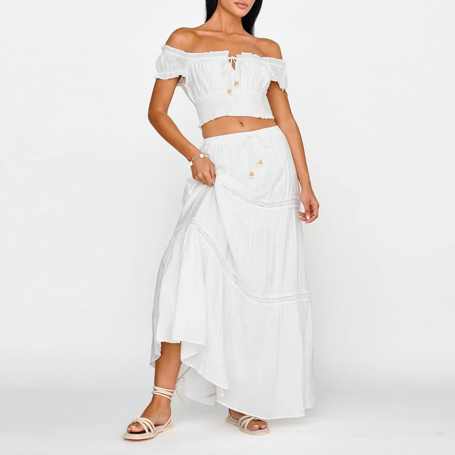 Womens Two Piece Skirt Sets Summer Off Shoulder Frill Trim Beach Crop Tops and Long Skirt Going Out Outfit