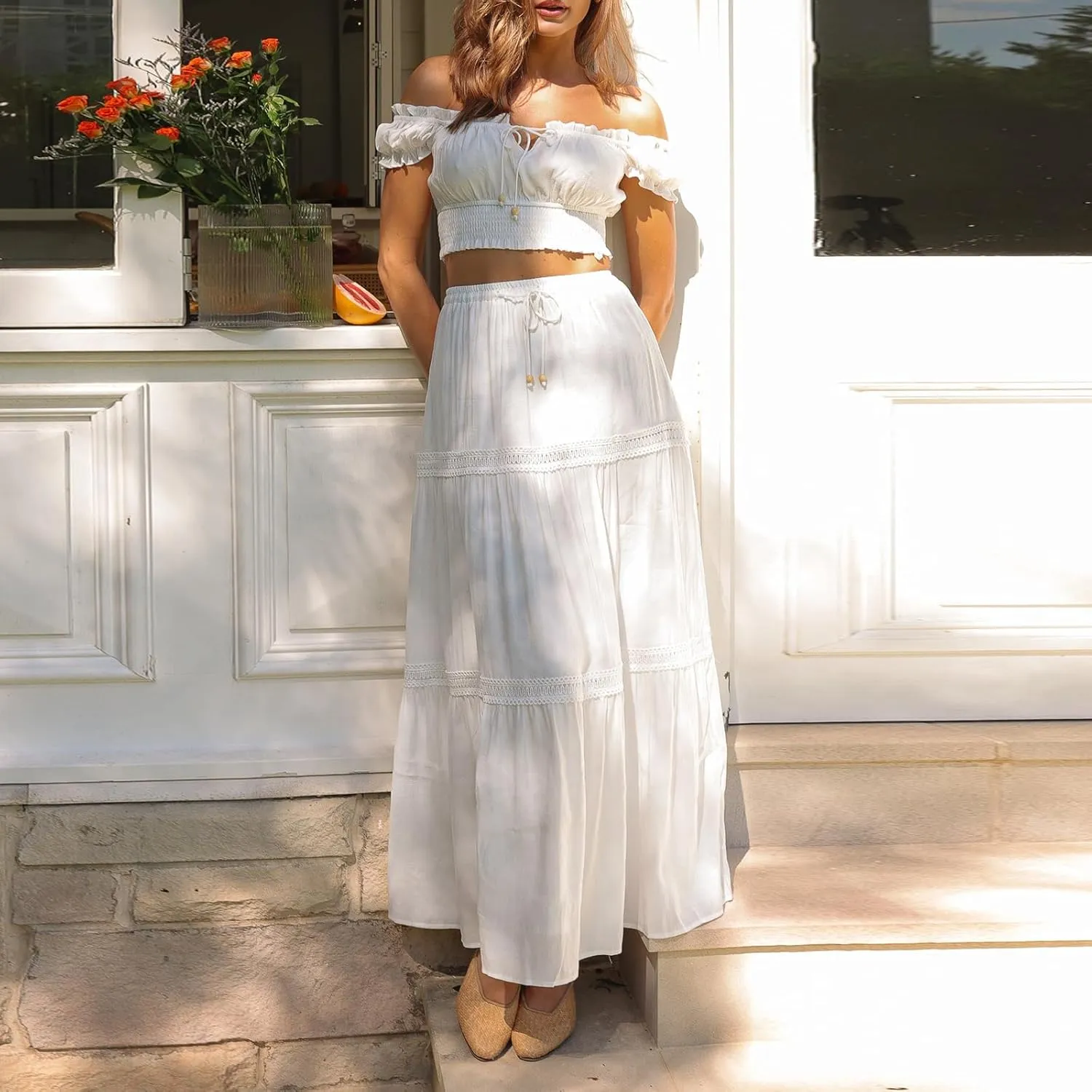 Womens Two Piece Skirt Sets Summer Off Shoulder Frill Trim Beach Crop Tops and Long Skirt Going Out Outfit