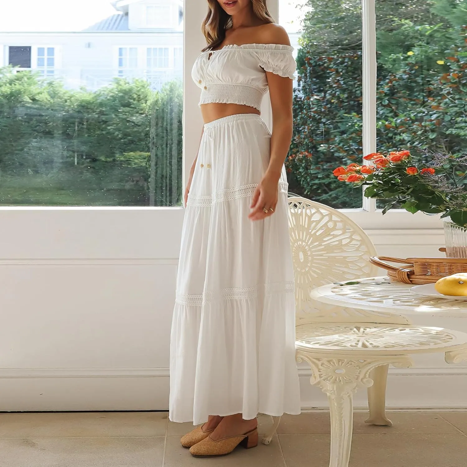 Womens Two Piece Skirt Sets Summer Off Shoulder Frill Trim Beach Crop Tops and Long Skirt Going Out Outfit
