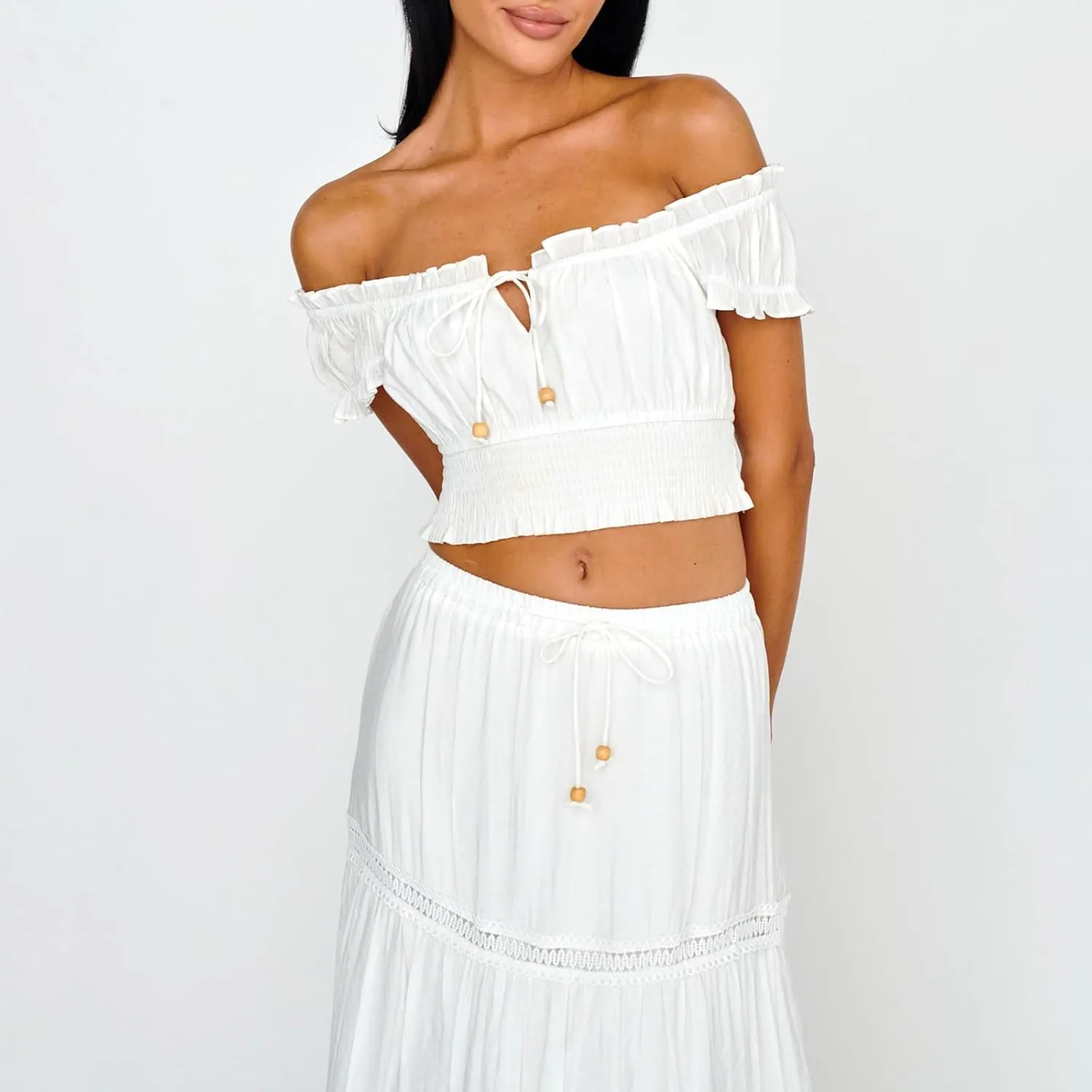 Womens Two Piece Skirt Sets Summer Off Shoulder Frill Trim Beach Crop Tops and Long Skirt Going Out Outfit