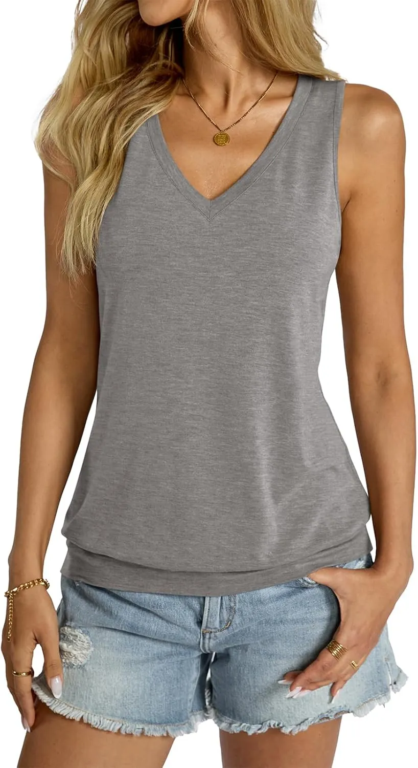 Womens V Neck Tank Tops Sleeveless Banded Hem Shirts Loose Fit Summer Outfits Clothes 2025