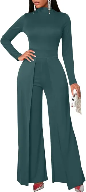 Women's Wide Leg Jumpsuits Outfits Casual One Piece Long Sleeve Overlay Pants Rompers