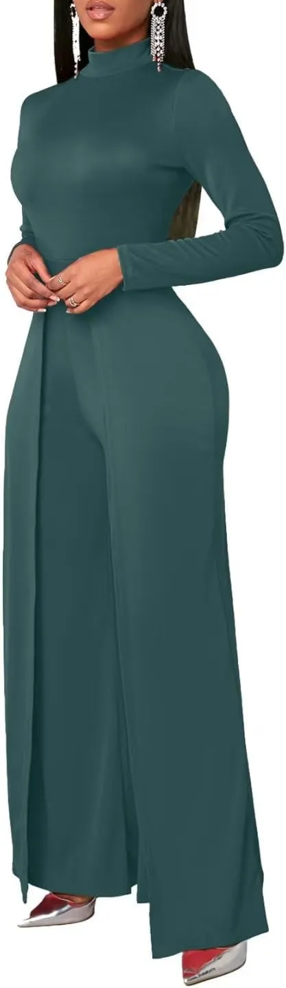 Women's Wide Leg Jumpsuits Outfits Casual One Piece Long Sleeve Overlay Pants Rompers