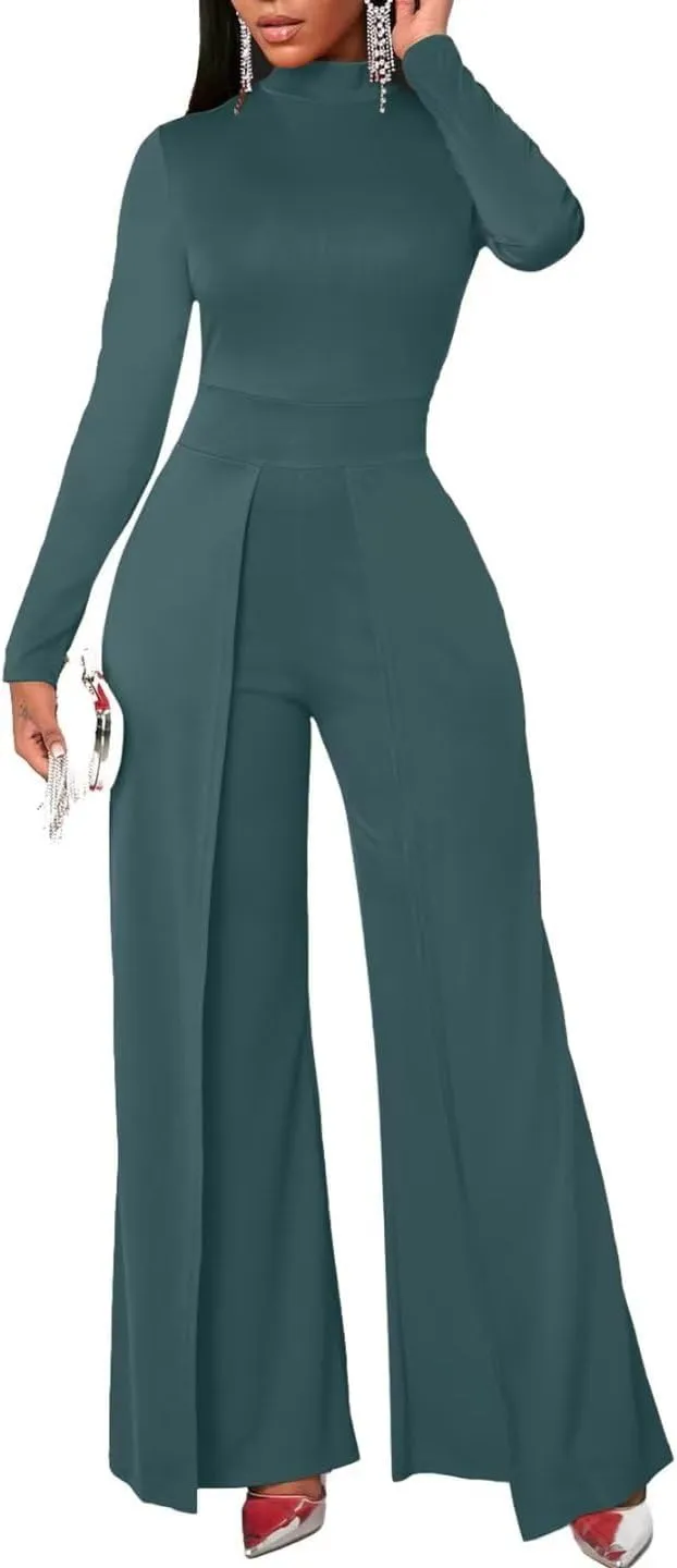 Women's Wide Leg Jumpsuits Outfits Casual One Piece Long Sleeve Overlay Pants Rompers