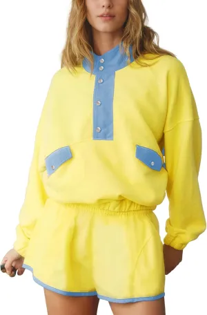 Workout Sets for Women Long Sleeve Half Button Pullover Elastic Waist Shorts Slouchy 2 Piece Set with Pockets