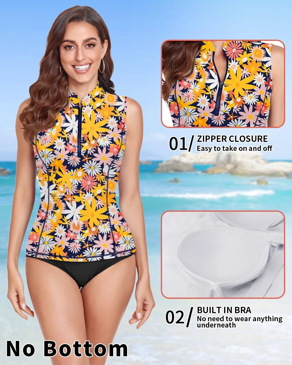 WOWENY Women Rash Guard Sleeveless Swim Shirts UPF 50 Sun Protection Swimsuit Tops Bathing Suit Top No Bottom