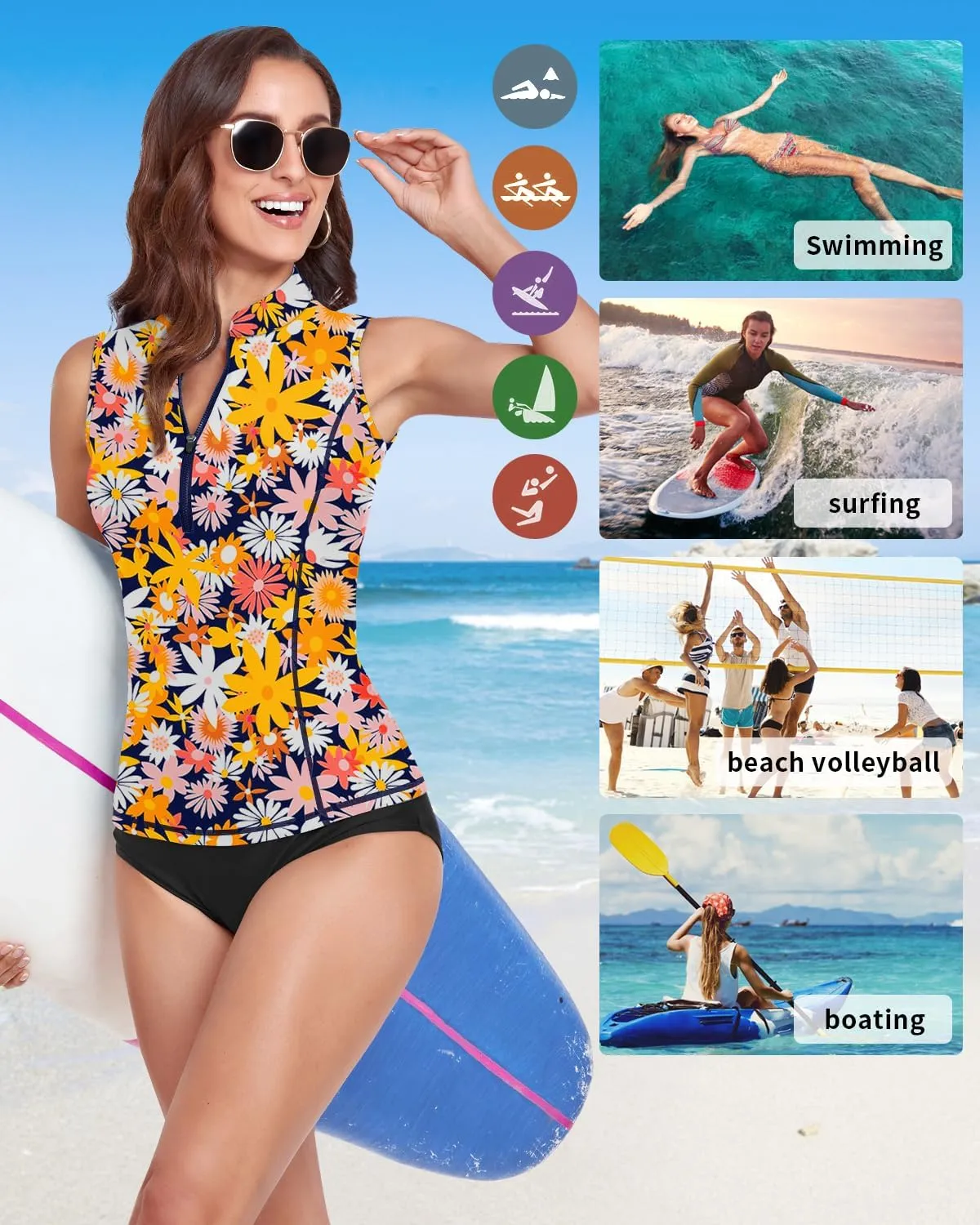 WOWENY Women Rash Guard Sleeveless Swim Shirts UPF 50 Sun Protection Swimsuit Tops Bathing Suit Top No Bottom