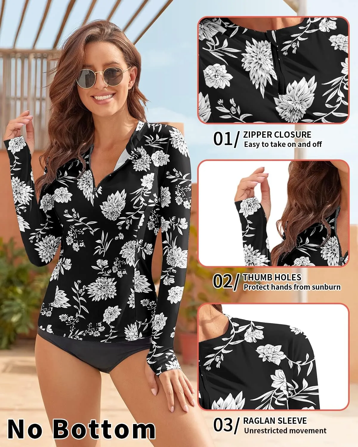 WOWENY Women's Rash Guard UPF 50  Long Sleeve Swim Shirts Thumb Holes UV Sun Protection Bathing Suit Swimsuit No Bottoms&Bras
