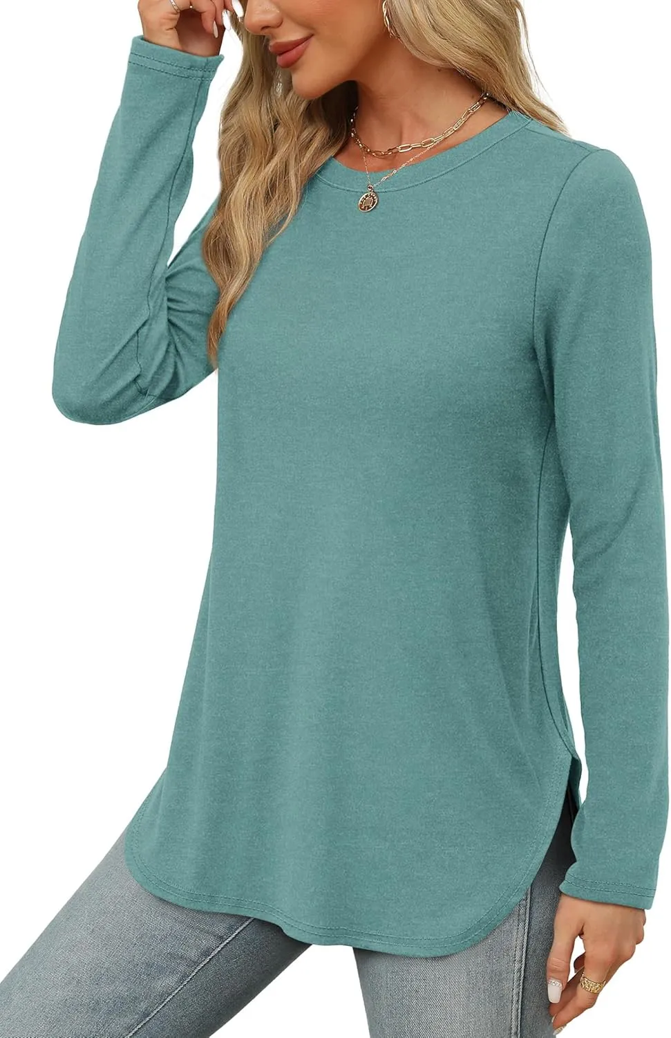 XIEERDUO Womens Long Sleeve Round Neck Shirts Side Split Basic Loose Tunic Tops Casual 2025