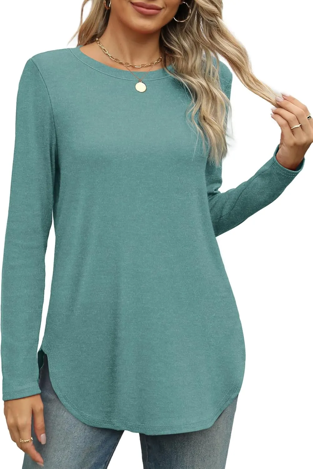 XIEERDUO Womens Long Sleeve Round Neck Shirts Side Split Basic Loose Tunic Tops Casual 2025