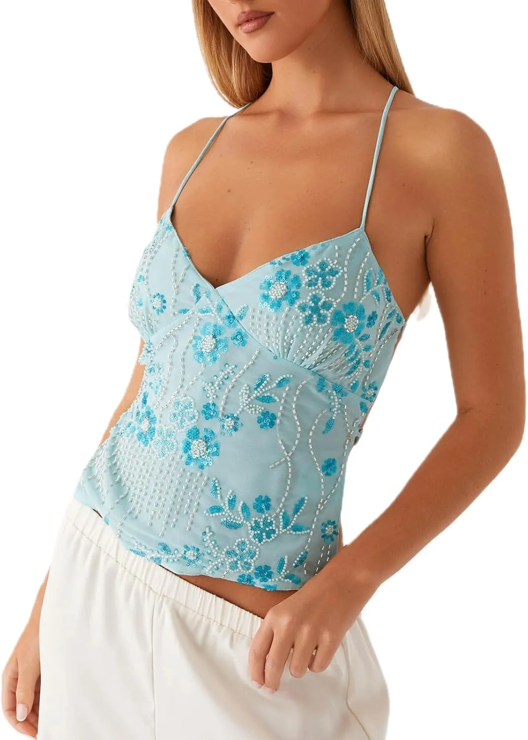Y2k Summer Sequin Tank Tops for Women Sexy Sparkle V Neck Shirt Backless Halter Low Cut Straps Trendy Going Out Tops