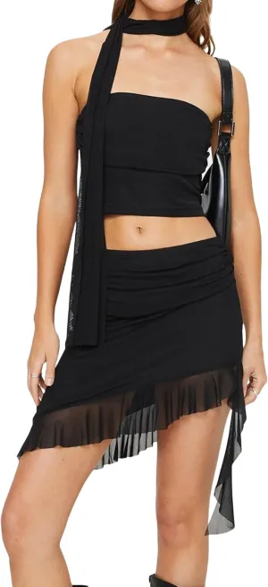 Yuemengxuan Women Y2K Skirt Sets Summer 2 Piece Outfits Sleeveless Cropped Tube Tops and Mini Skits Sexy Going Out Outfit