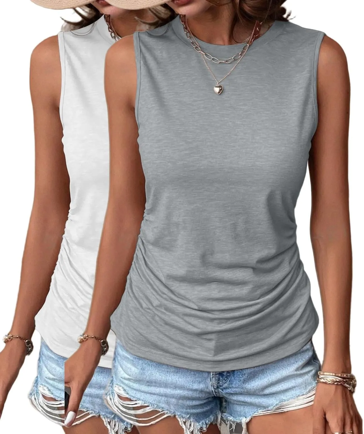 Zeagoo Womens Ruched Tank Tops Summer Dressy Casual Crewneck Sleeveless Shirts S-XXL