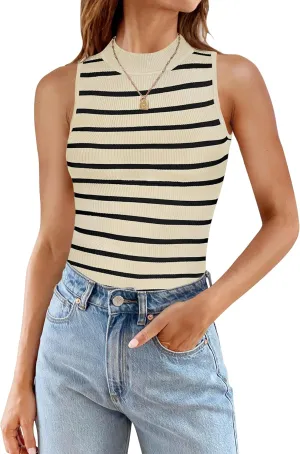 ZESICA Womens Ribbed Tank Tops High Neck Slim Fitted Striped Basic Casual Summer Sleeveless Shirts
