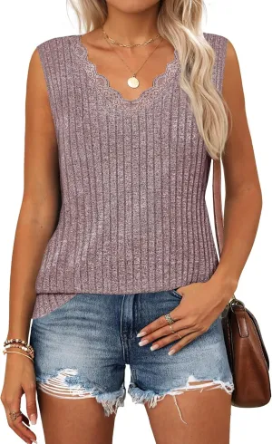 ZESICA Womens Summer Tank Top Sleeveless V Neck Lace Loose Fit Basic Tops Shirts 2025 Fashion Clothes